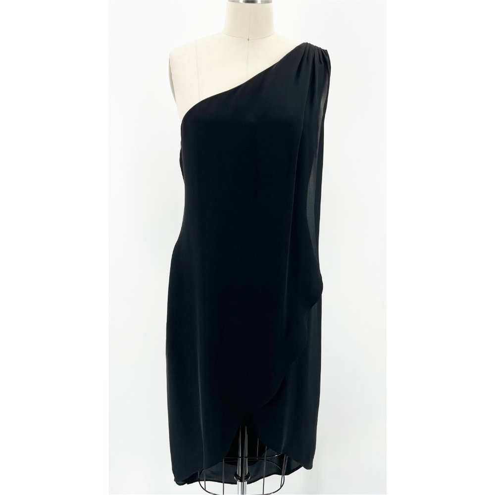 HALSTON HERITAGE Black Silk Grecian Midi One Shoulder Cocktail Dress~S